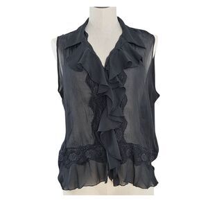 Allison Taylor Black Sleeveless Ruffle Lace Blouse L Romantic Goth Button Sheer